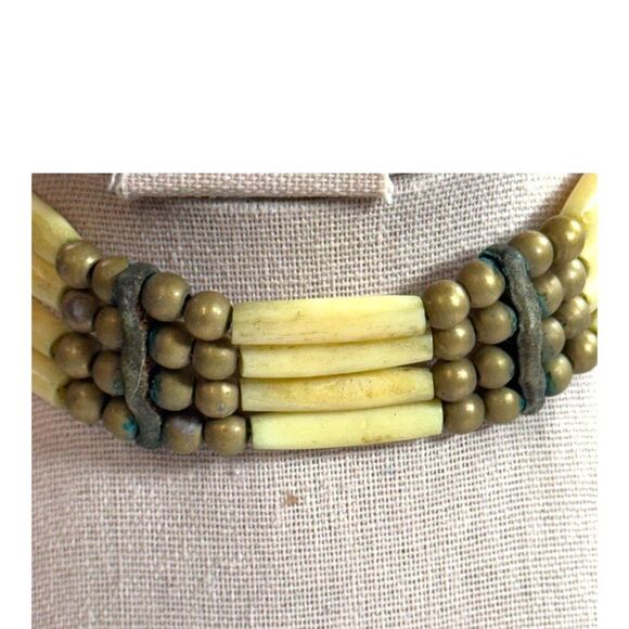 Vintage Tribal Long Bead Brass Choker Necklace 22" Handmade Statement Jewelry - Picture 3 of 9